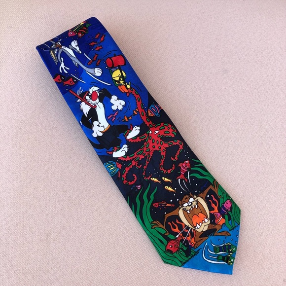 Vintage 1993 Looney Tunes Mania Underwater Mens Tie Necktie Bugs Taz Tweety Bird - Picture 2 of 10